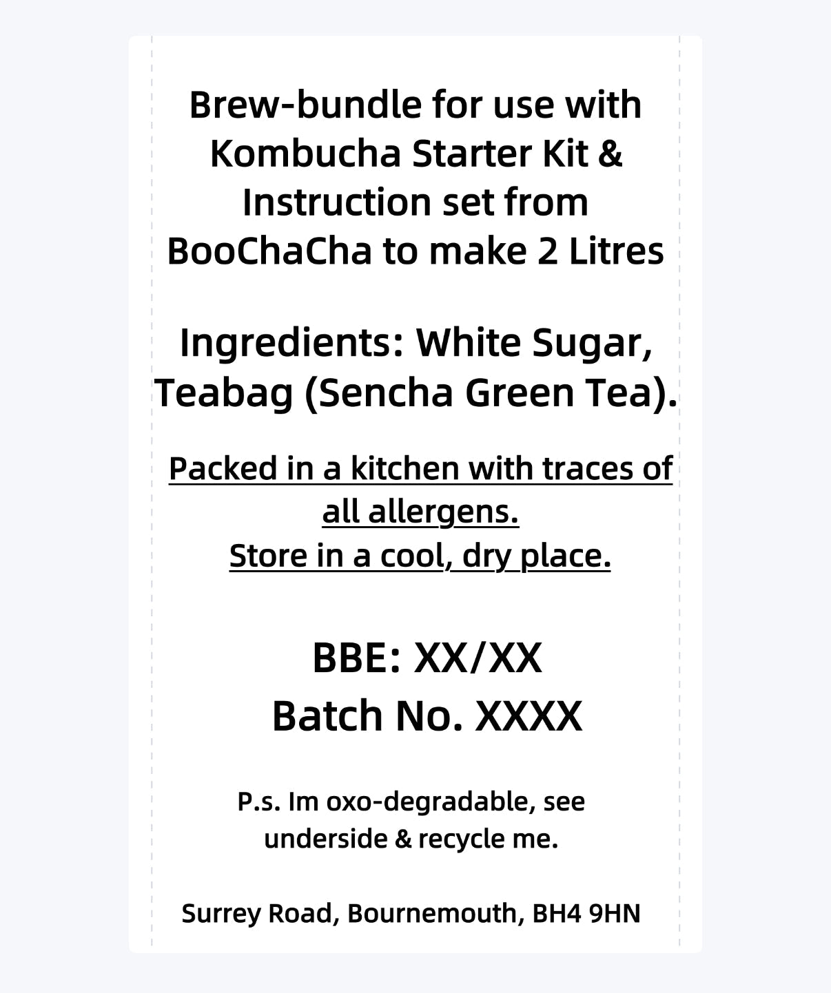 Brew-bundle label for Kombucha Starter Kit from BooChaCha with text and contact information.
