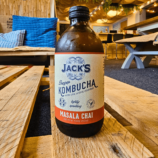 Bottle of Jack's Kombucha Masala Chai at Functional Drinks Club in Leeds