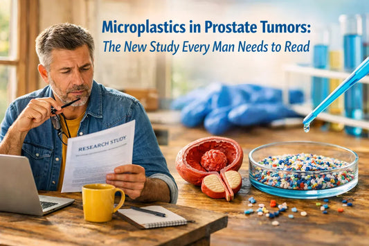 An image of a man reading an article on microplastics in prostate tumors.