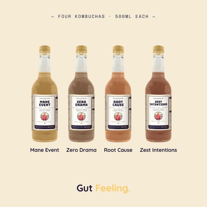 The four-bottle Gut Feeling kombucha range from Functional Drinks Club