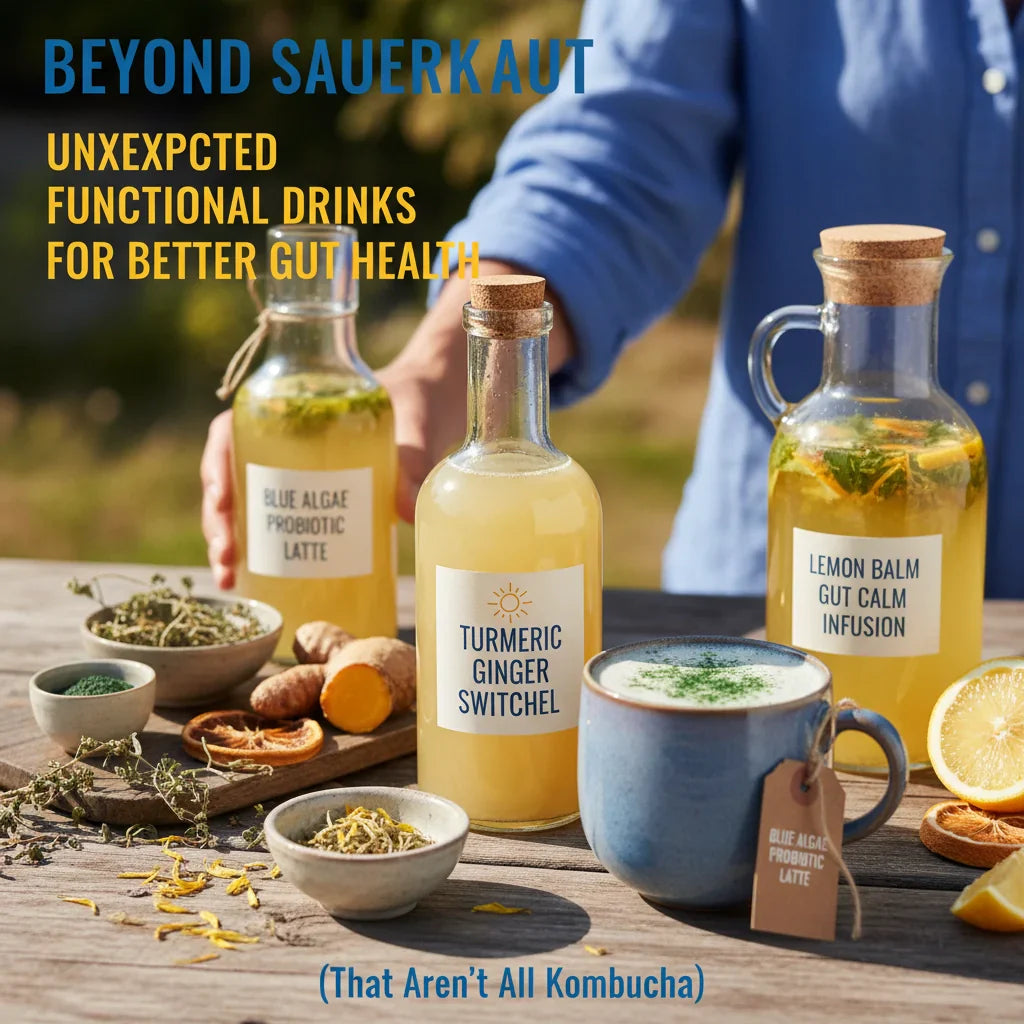 Picture of different gut health drinks on a wooden table