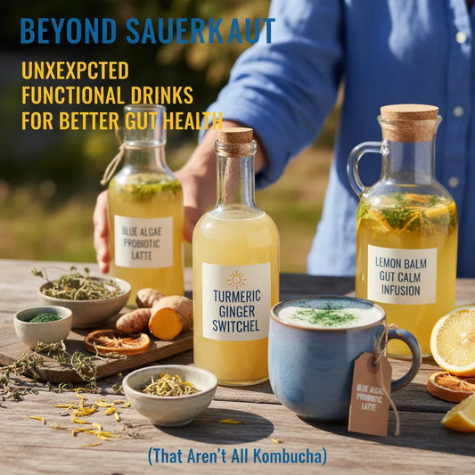 Picture of different gut health drinks on a wooden table