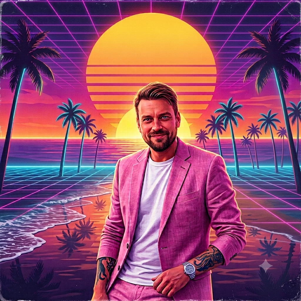 A man in a pink blazer and white t-shirt stands in a retro-futuristic neon beach scene with palm trees, a large yellow sun, and purple grid lines.