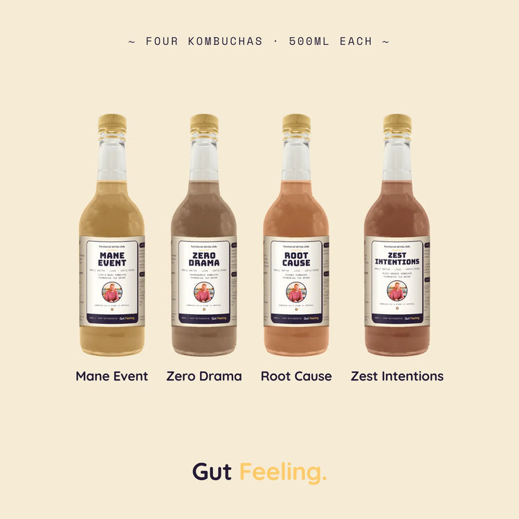 The full Gut Feeling kombucha range, four flavours