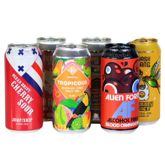 Six craft beer cans from different breweries lined up against a white background. The cans feature vibrant, diverse designs including red, yellow, green, and multicolor tropical and abstract graphics.