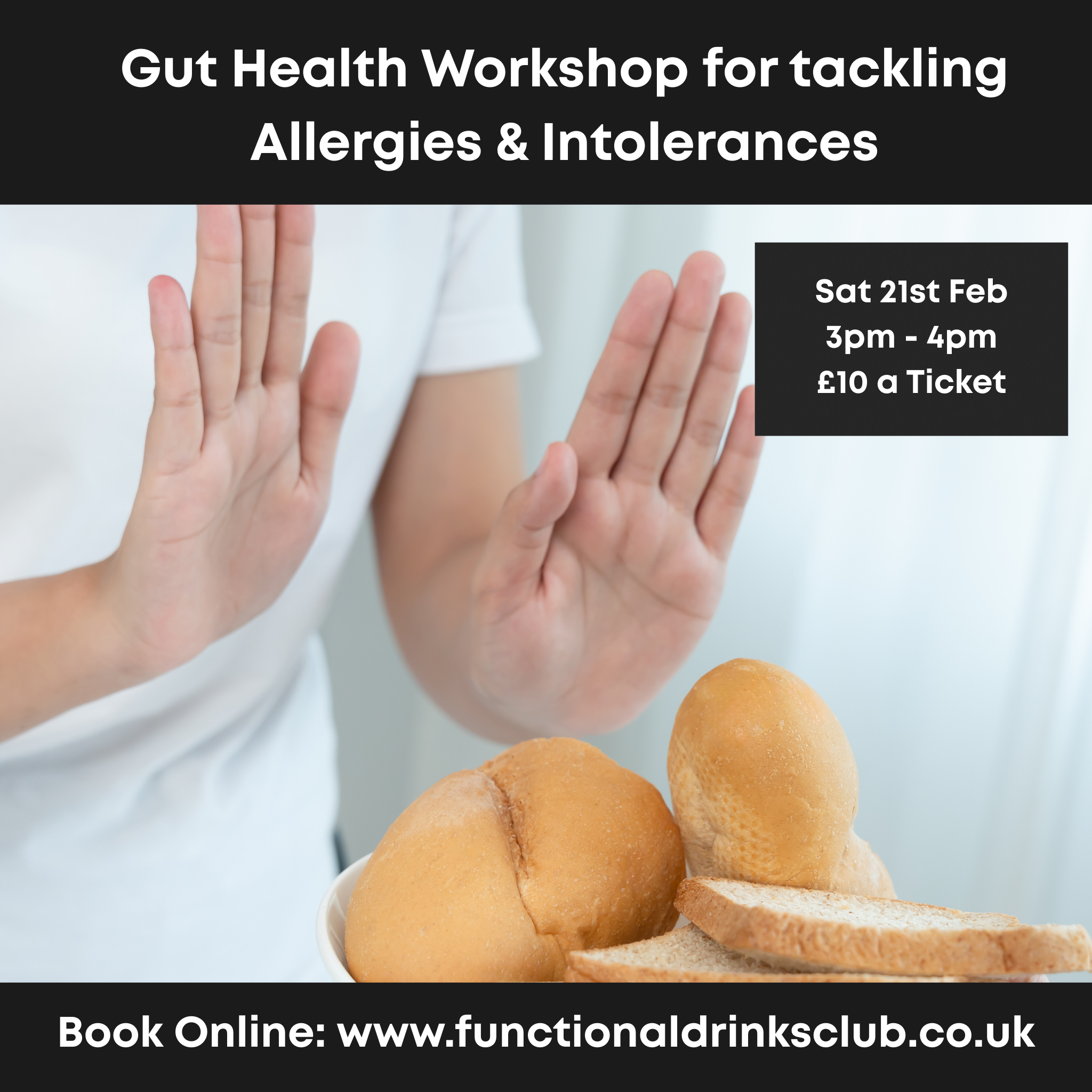 Picture of a man saying no to a plate of bread to promote a gut health workshop.