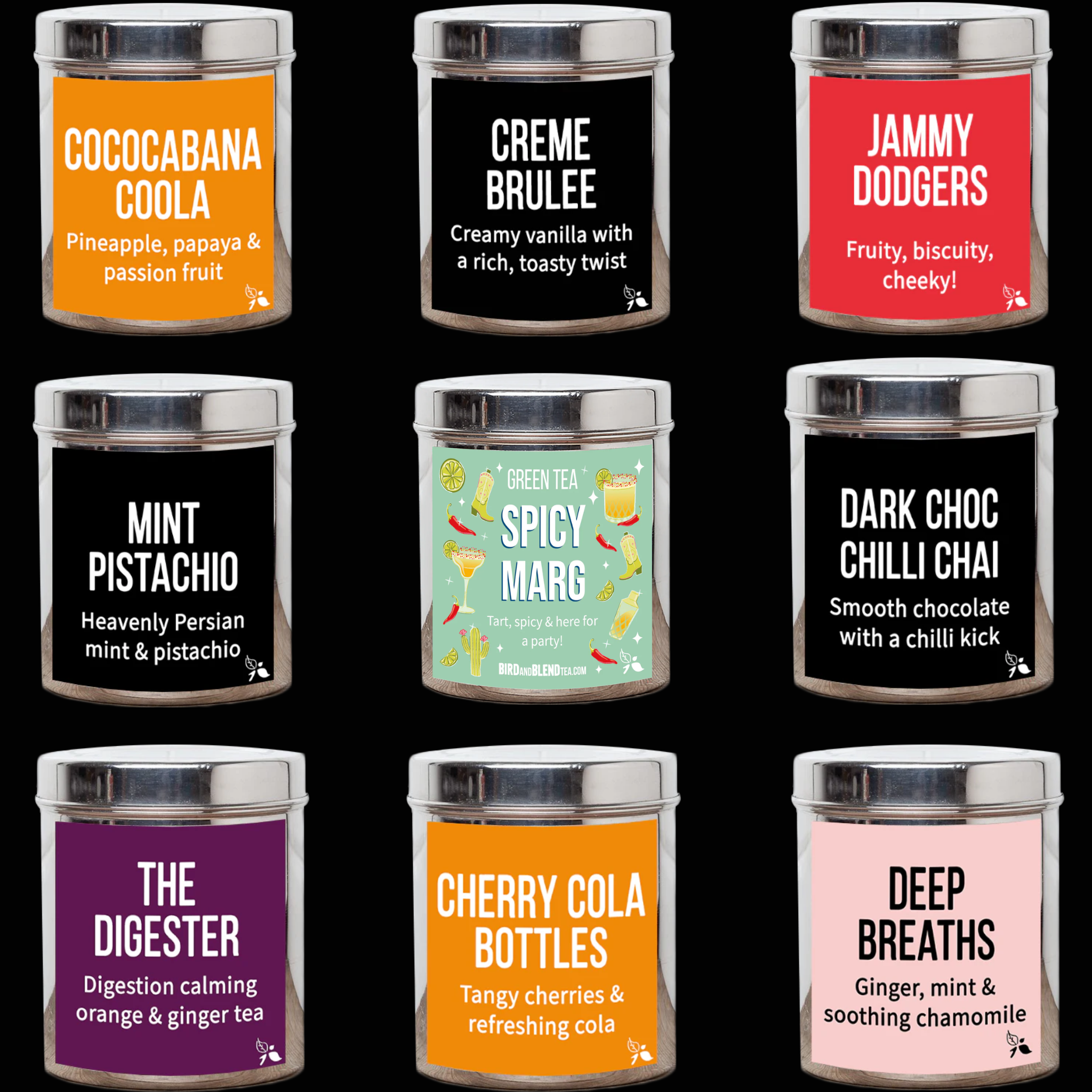Range of Bird & Blend Tea flavours available to drink at Functional Drinks Club in Otley.