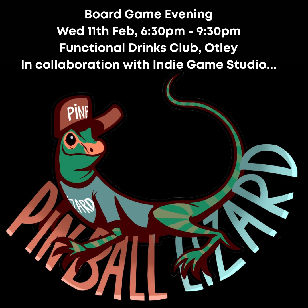 Promotional poster for a board game evening event featuring a cartoon lizard character with a cap.