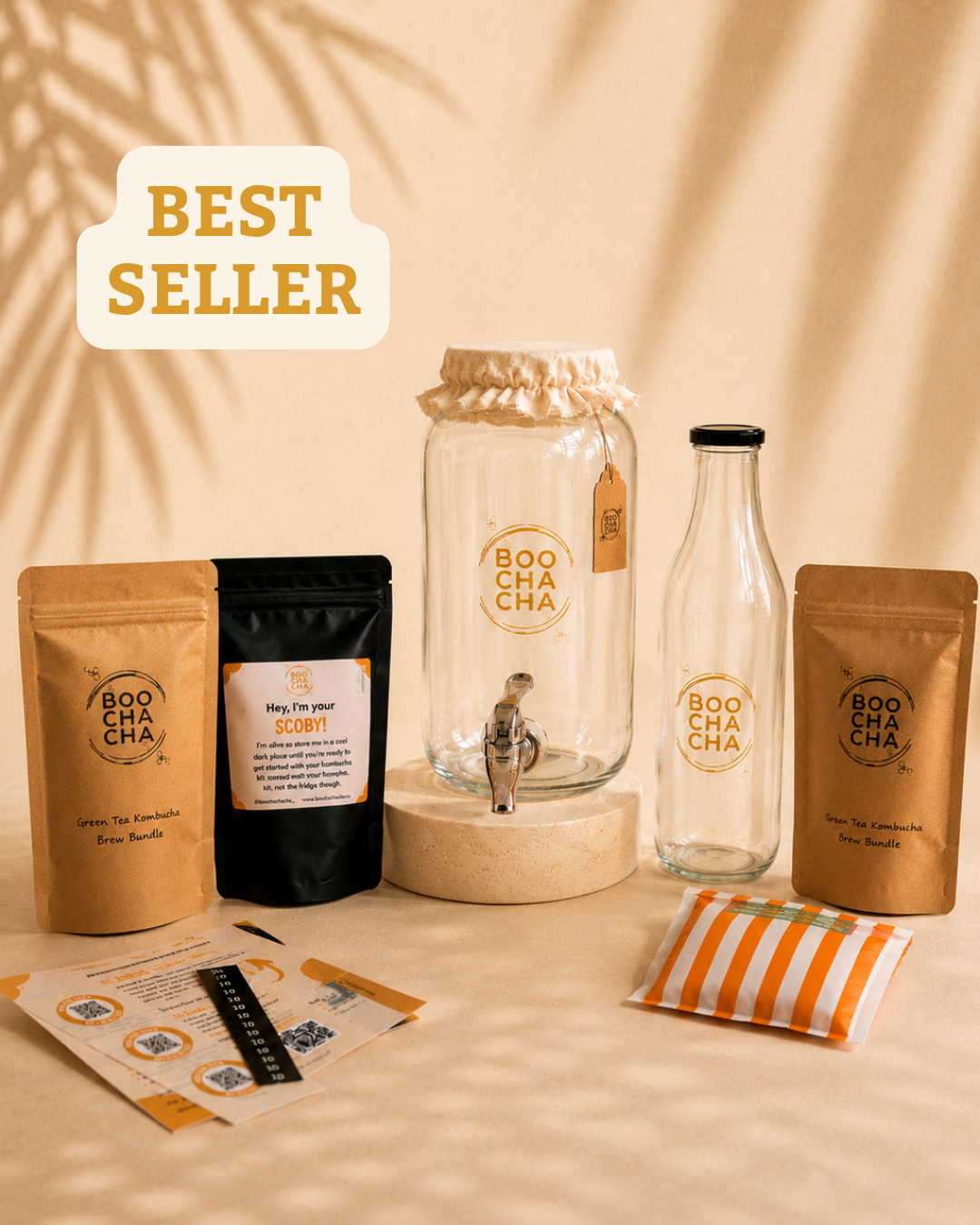 Boocha tea products including jars, bottles, and packaging on a beige background with 'Best Seller' text.