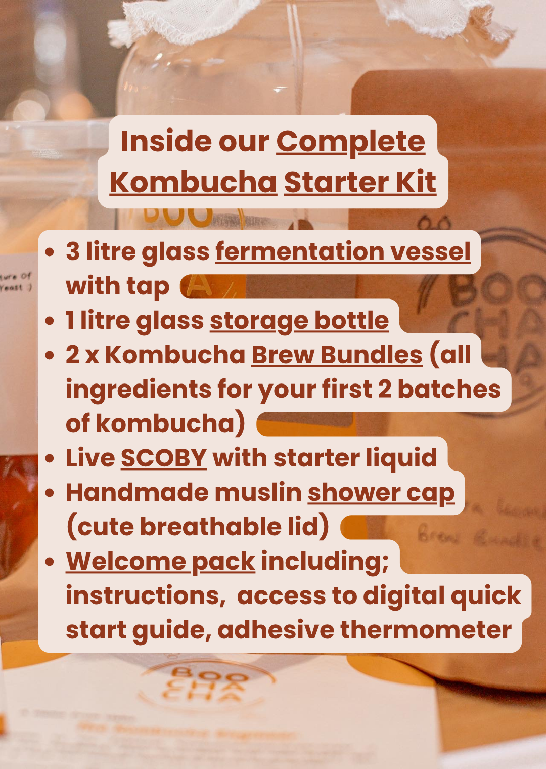 Kombucha starter kit with text detailing its contents.