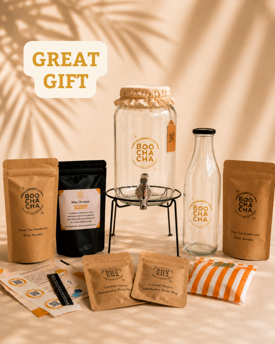 Boo Cha tea products including bags, a jar, and a bottle on a beige background with 'GREAT GIFT' text.