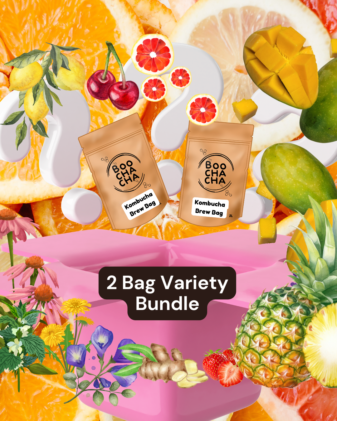 Two Boocha Kombucha brew bags surrounded by fruits and flowers with '2 Bag Variety Bundle' text.