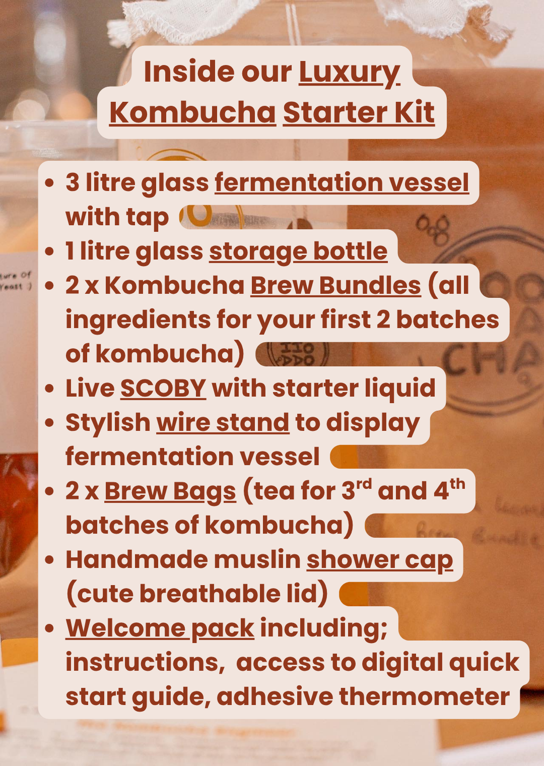 Kombucha starter kit with text listing contents on a blurred background