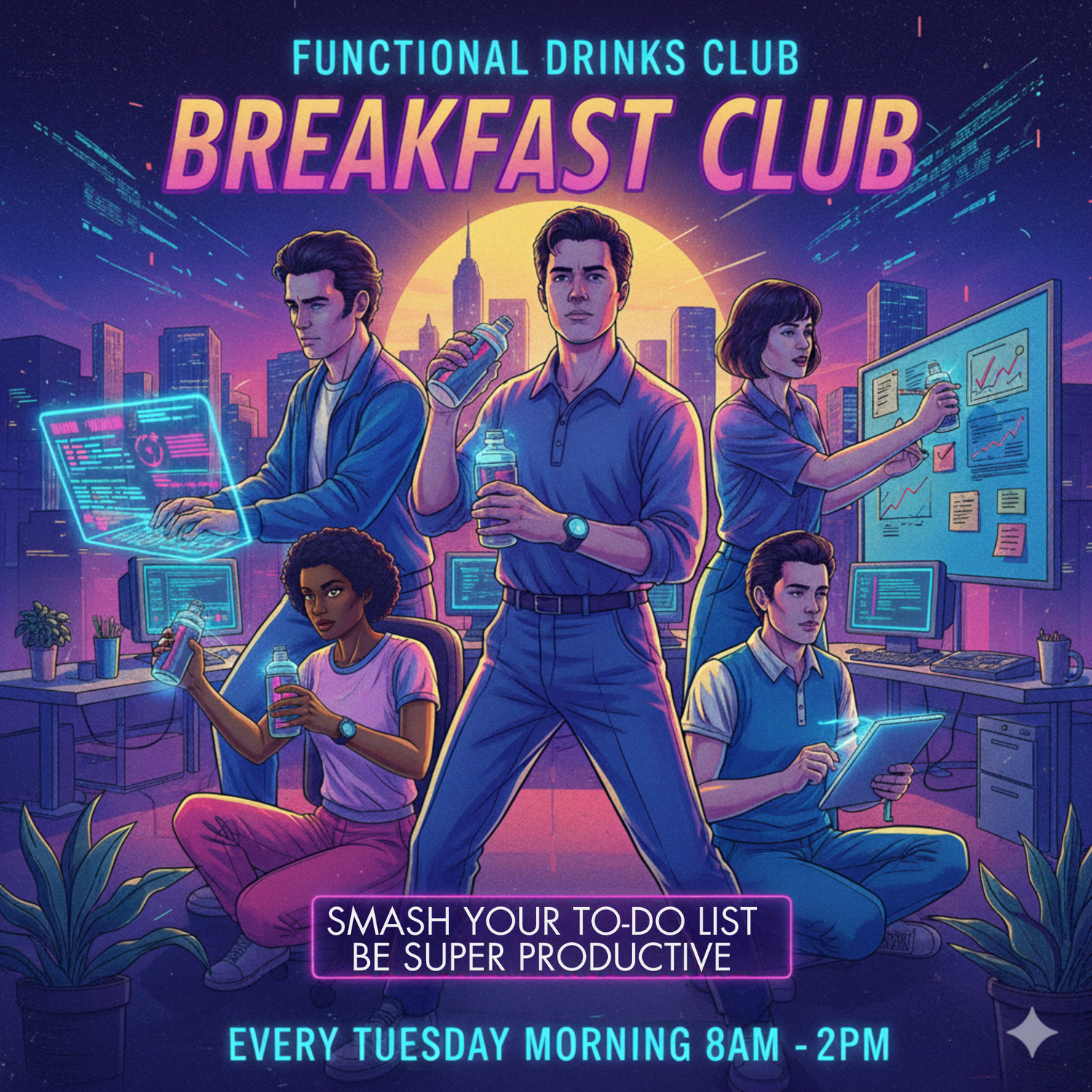Promotional poster for 'Breakfast Club' with people in a futuristic office setting.