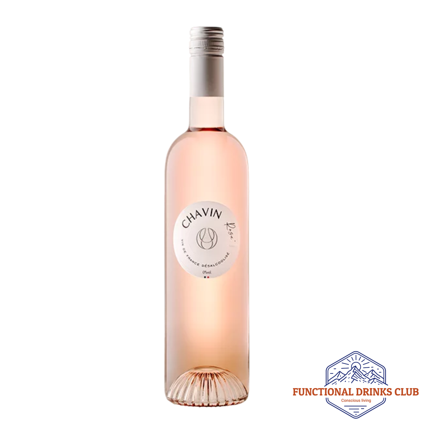 Chavin rose wine bottle on a white background with 'Functional Drinks Club' logo.