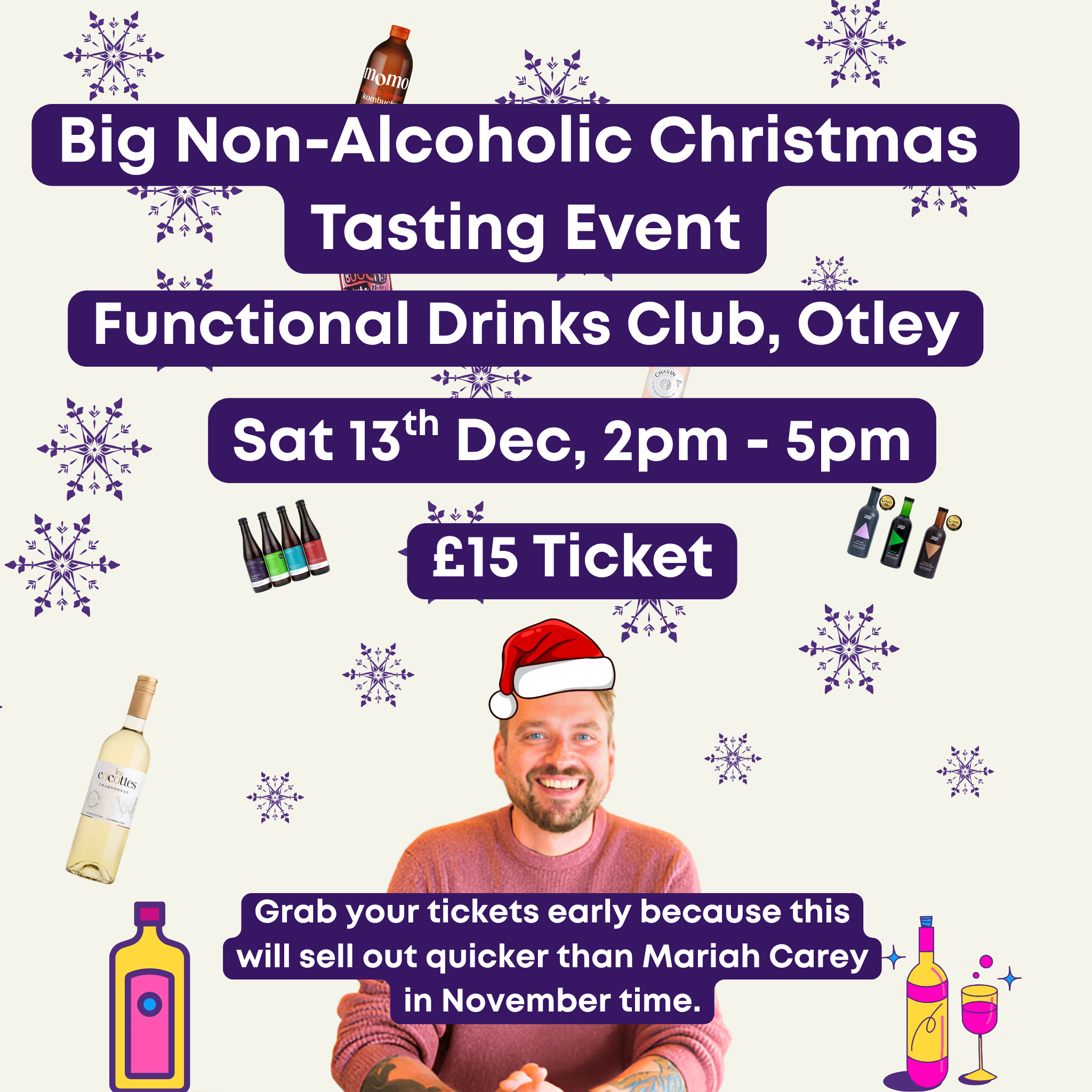 Advertisement for a Big Non-Alcoholic Christmas Tasting Event with a man in a Santa hat and festive decorations.