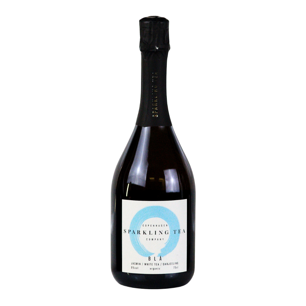 Bottle of Sparkling Tea Company Black sparkling tea on a white background