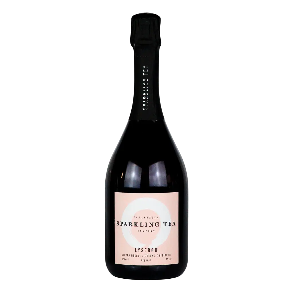 A bottle of Lysero Sparkling Tea London from the brand Peruvian Tea, featuring a pale pink label on a dark glass bottle with a black foil top, set against a plain white background.