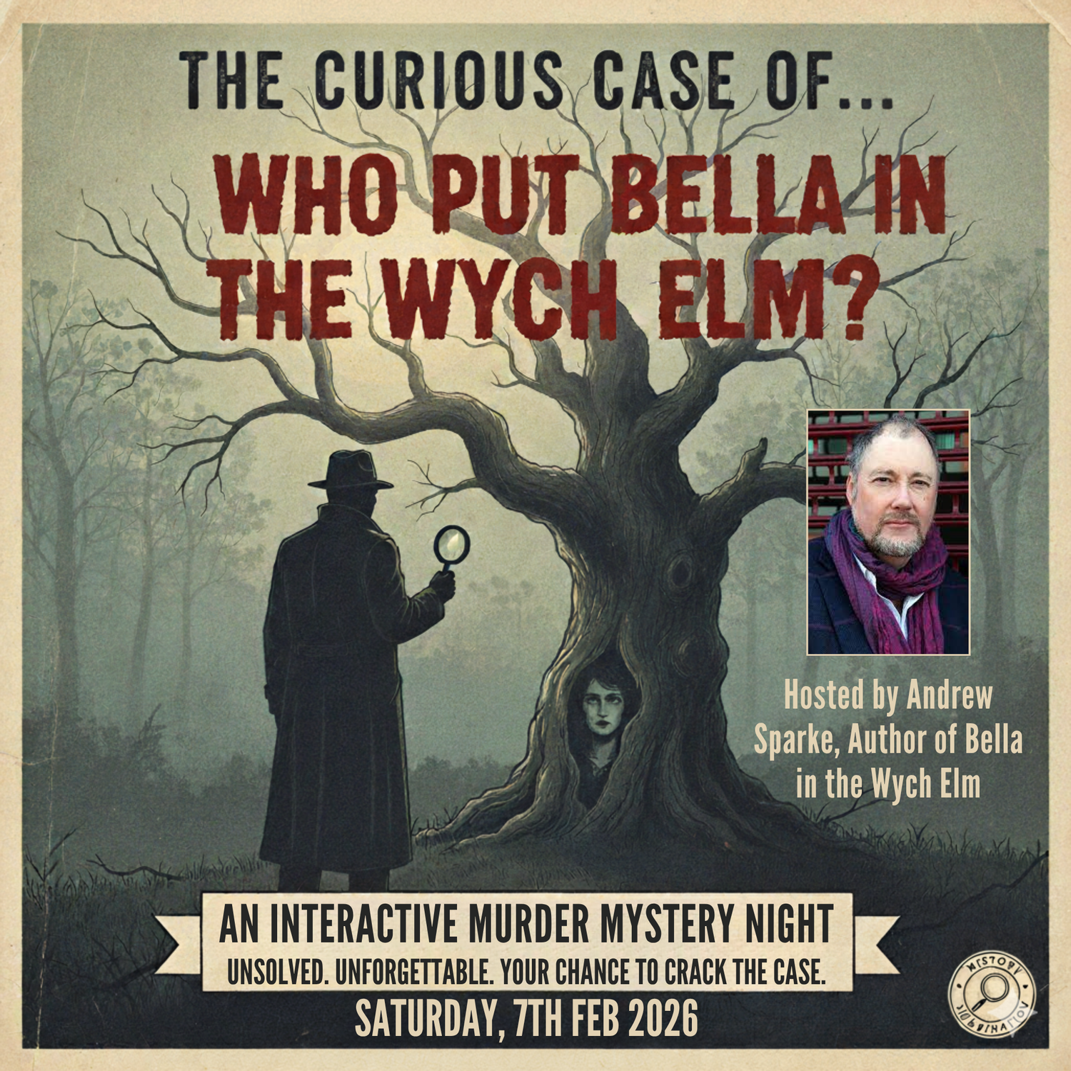Event promotion for an interactive murder mystery evening at Functional Drinks Club for Bella in the Wych Elm featuring authoer Andrew Sparke.