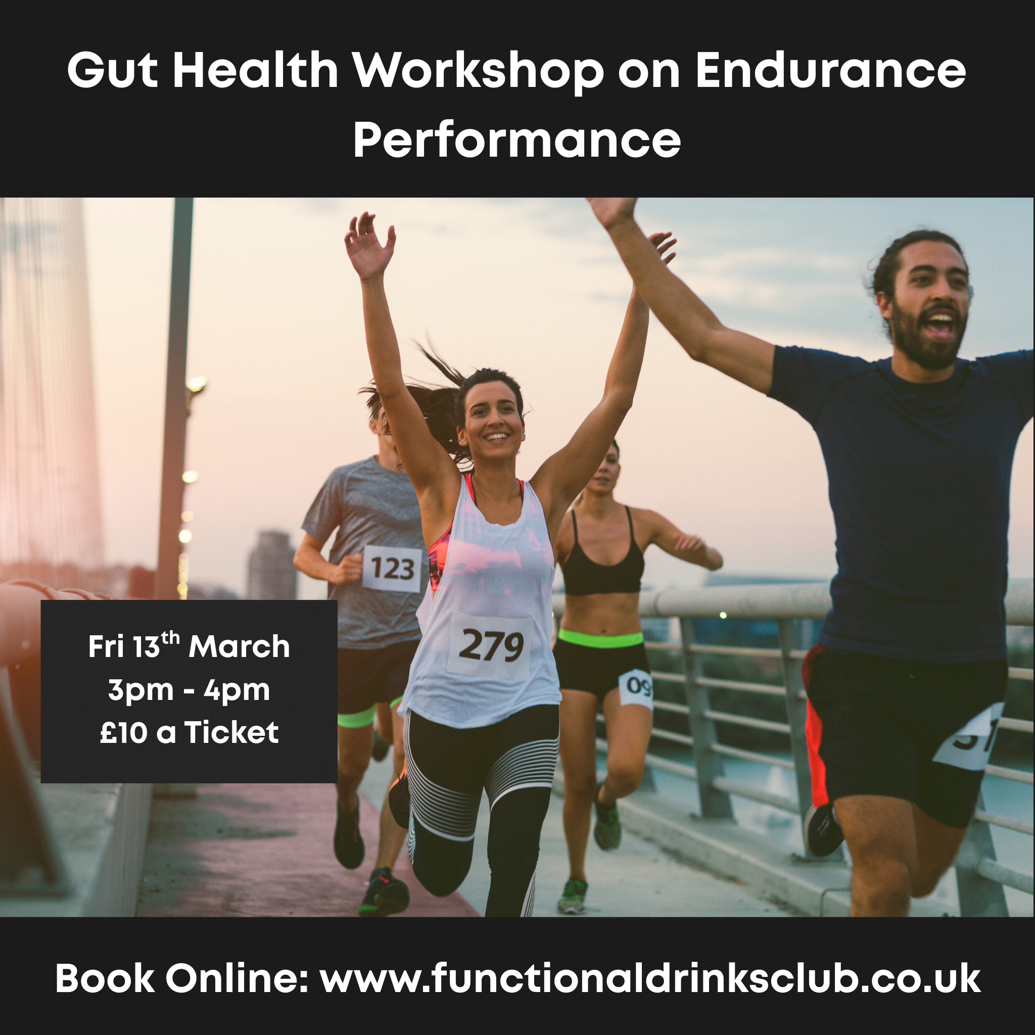 Group of people running and smiling with their hands in the air to promote a gut health workshop.