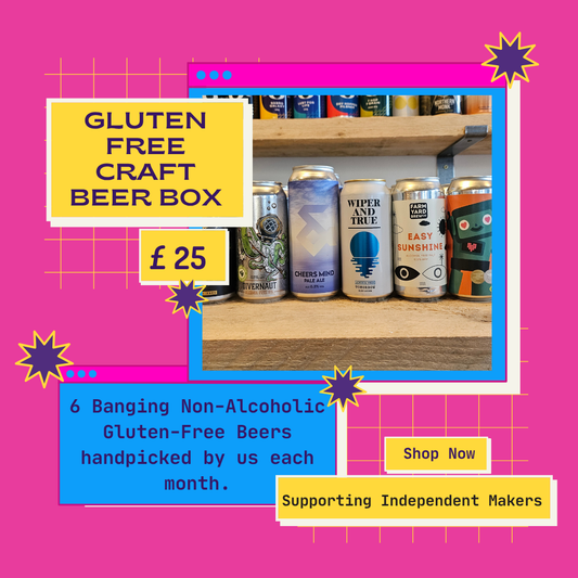Gluten-free craft beer box with non-alcoholic beers on a colorful background at Functional Drinks Club in Leeds