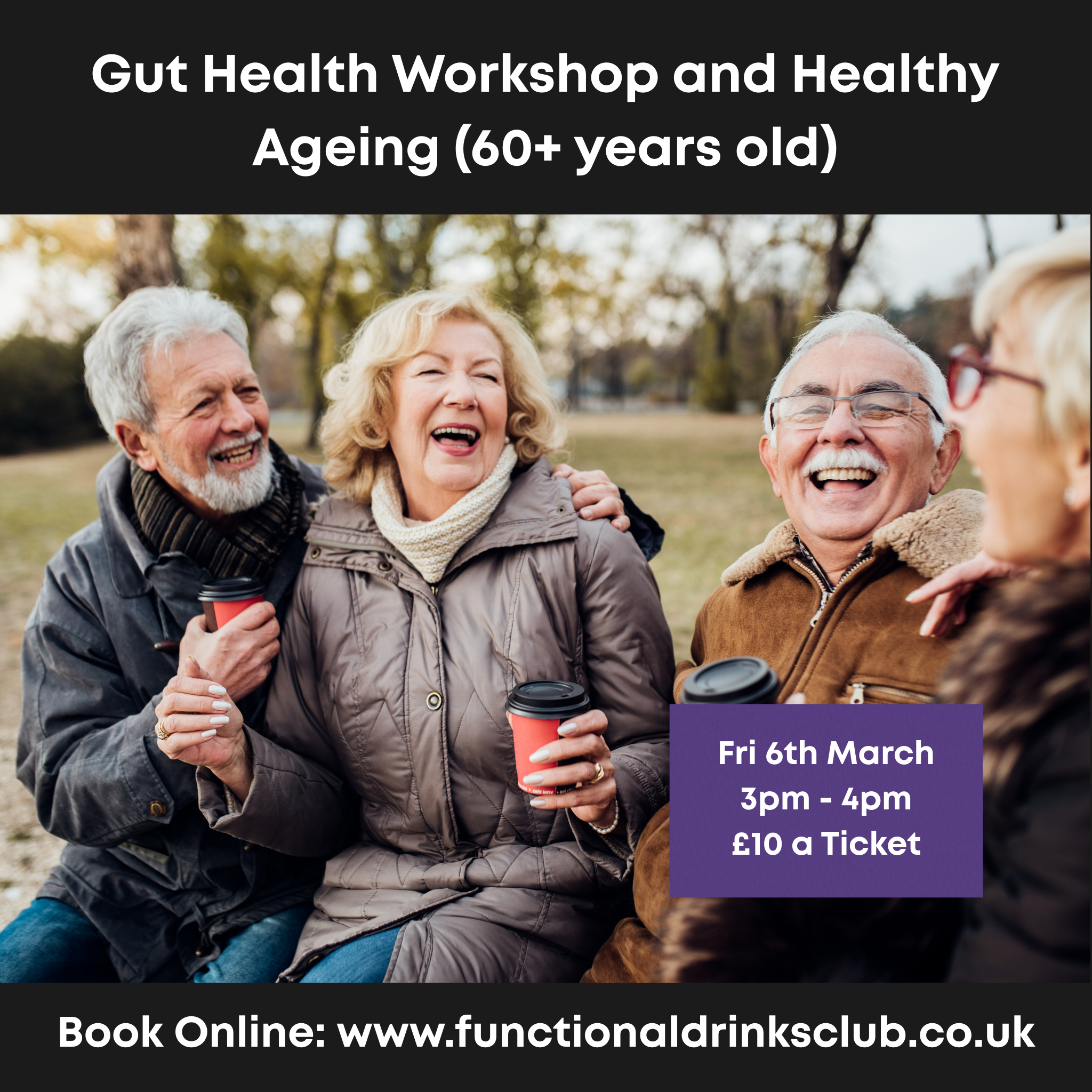 Group of over 60s in a park laughing together to promote a gut health workshop on healthy ageing.