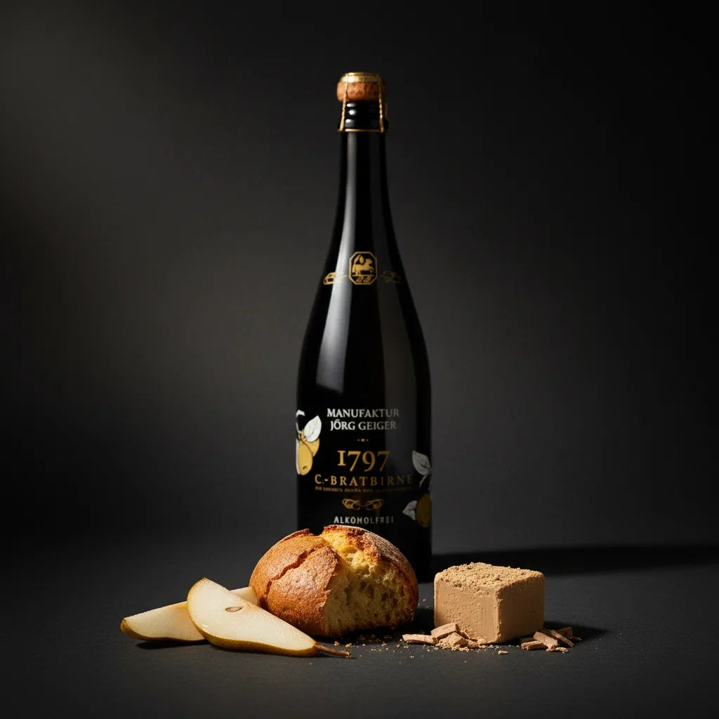 Dark bottle with gold cap and label on a black background, accompanied by bread and pears.