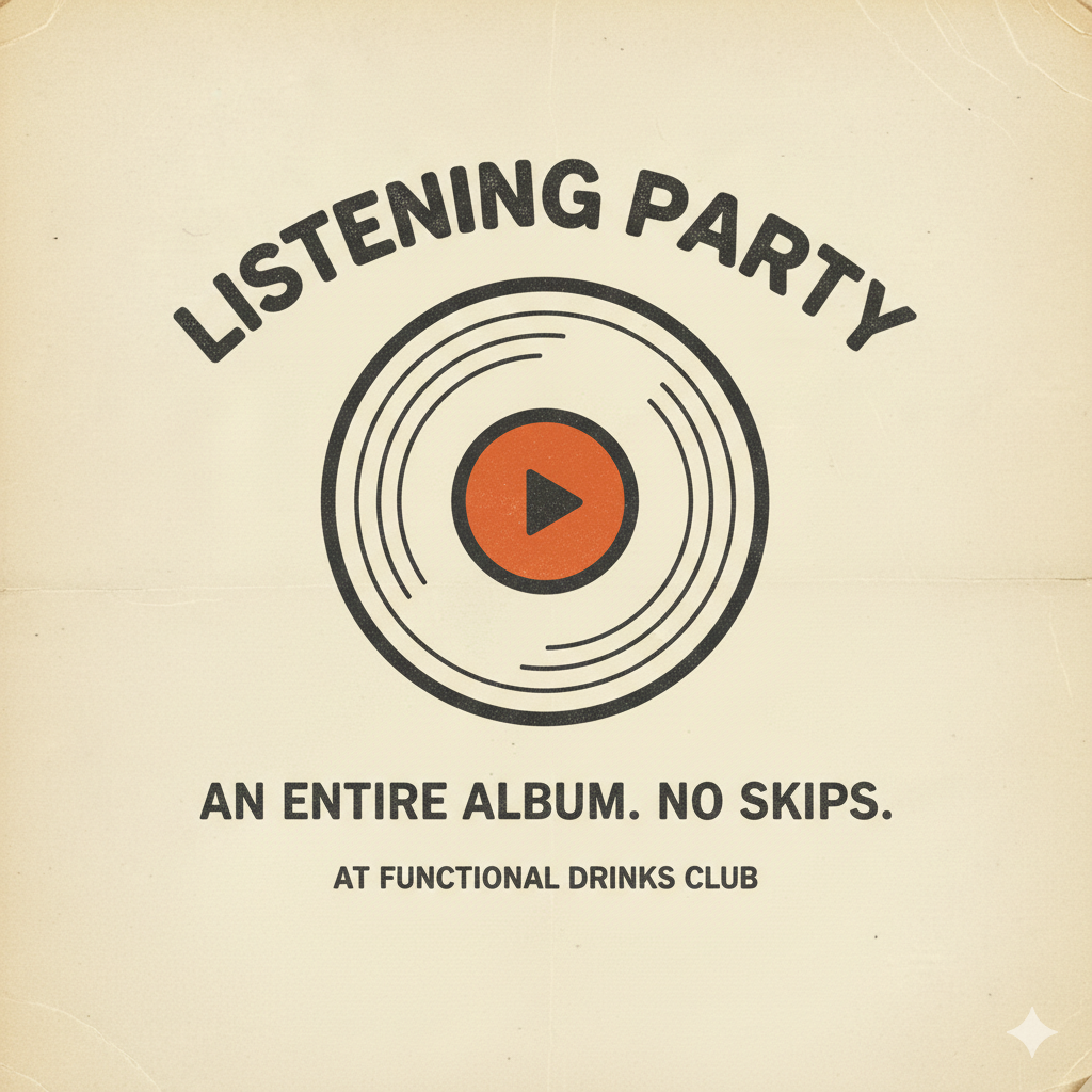 Album cover with 'Listening Party' text and vinyl record design on a beige background