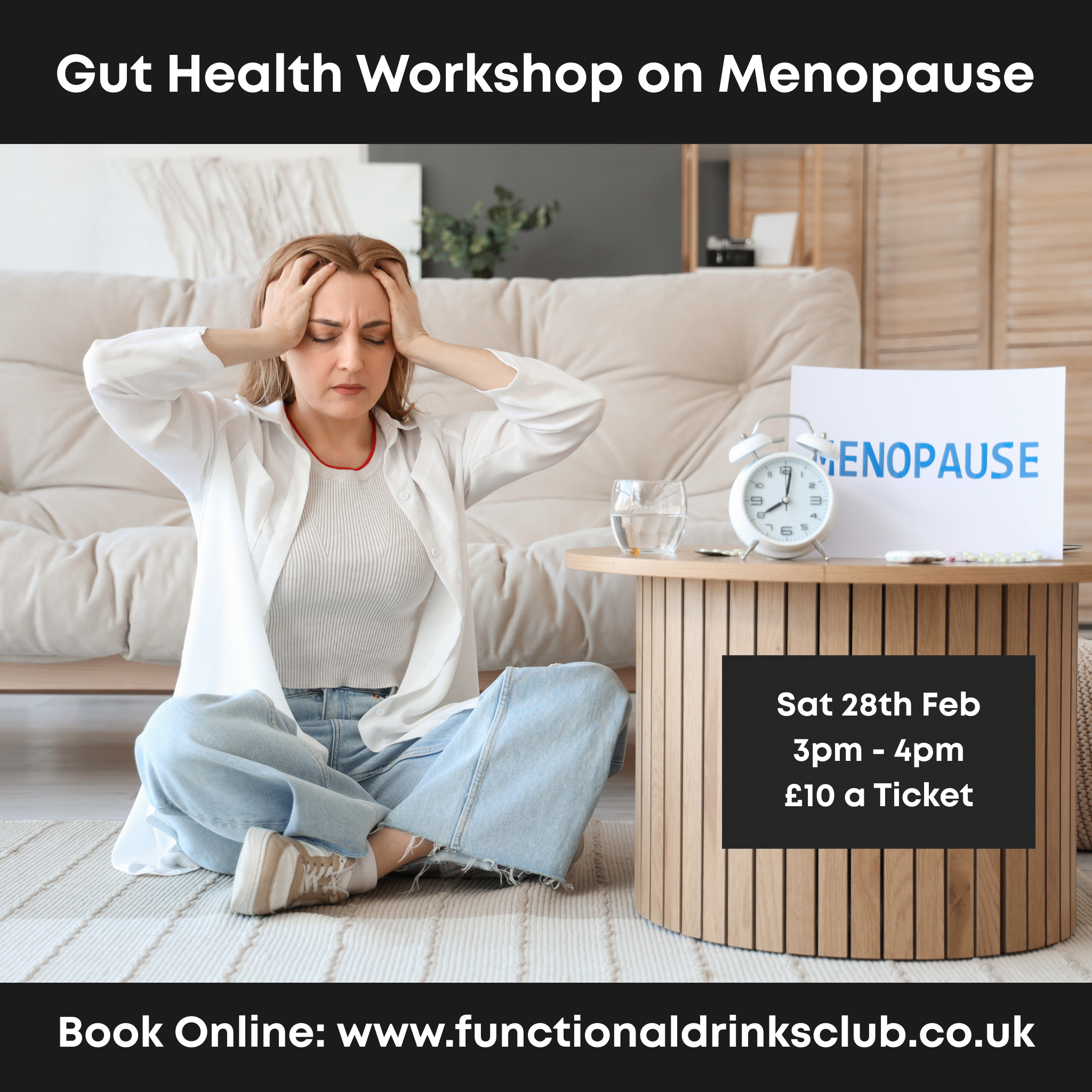 Picture of a woman in her early 40s going through menopause to promote a gut health workshop.