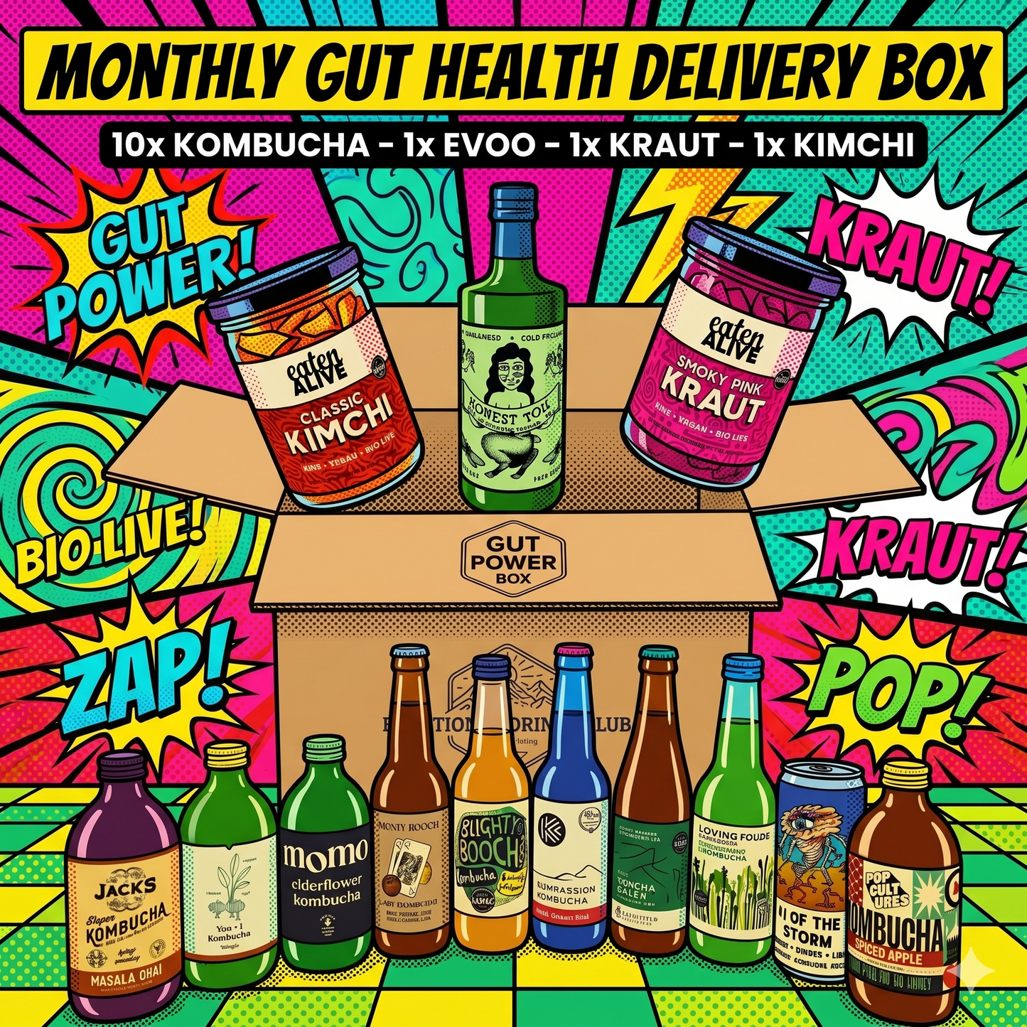 Gut health delivery box with various probiotic products on a colorful background at Functional Drinks Club in Leeds.