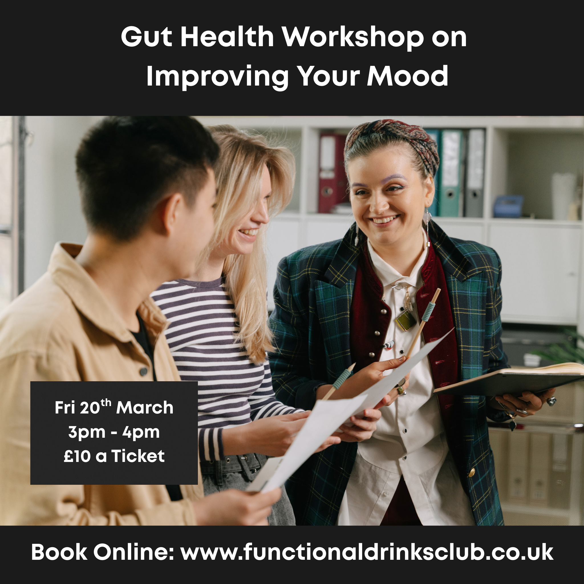 3 women smiling to promote a gut health workshop for improving your mood.