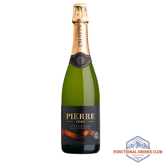 Bottle of Pierre Zero Chardonnay with gold cap on a white background, featuring the Functional Drinks Club logo.