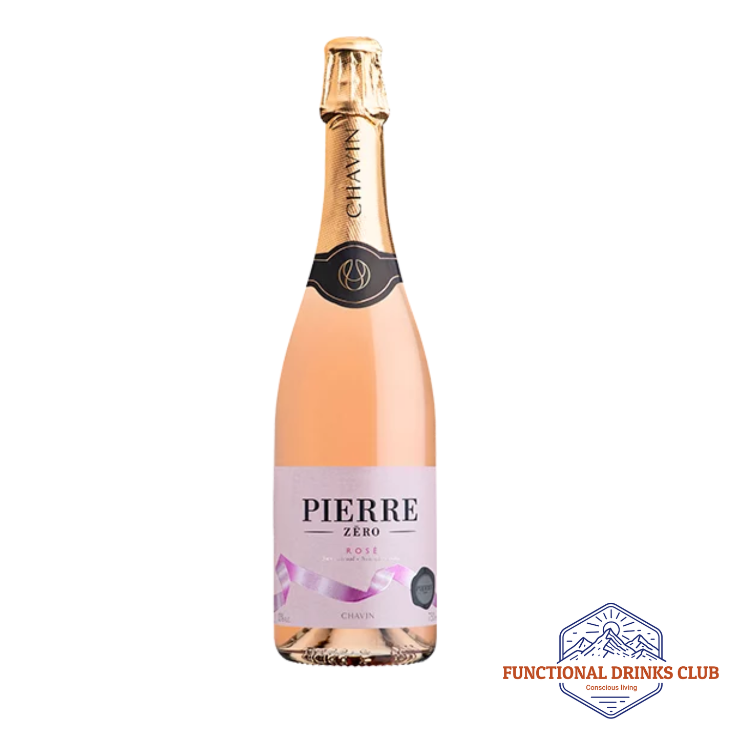 Bottle of Pierre Zero Rosé champagne with Chavin brand on a white background
