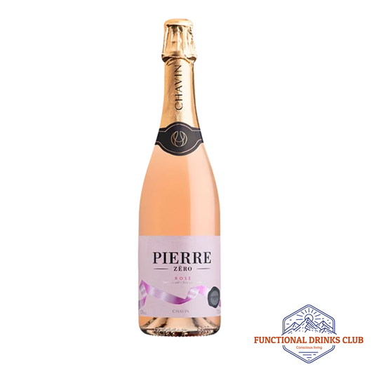 Bottle of Pierre Zero Rosé champagne with Chavin brand on a white background