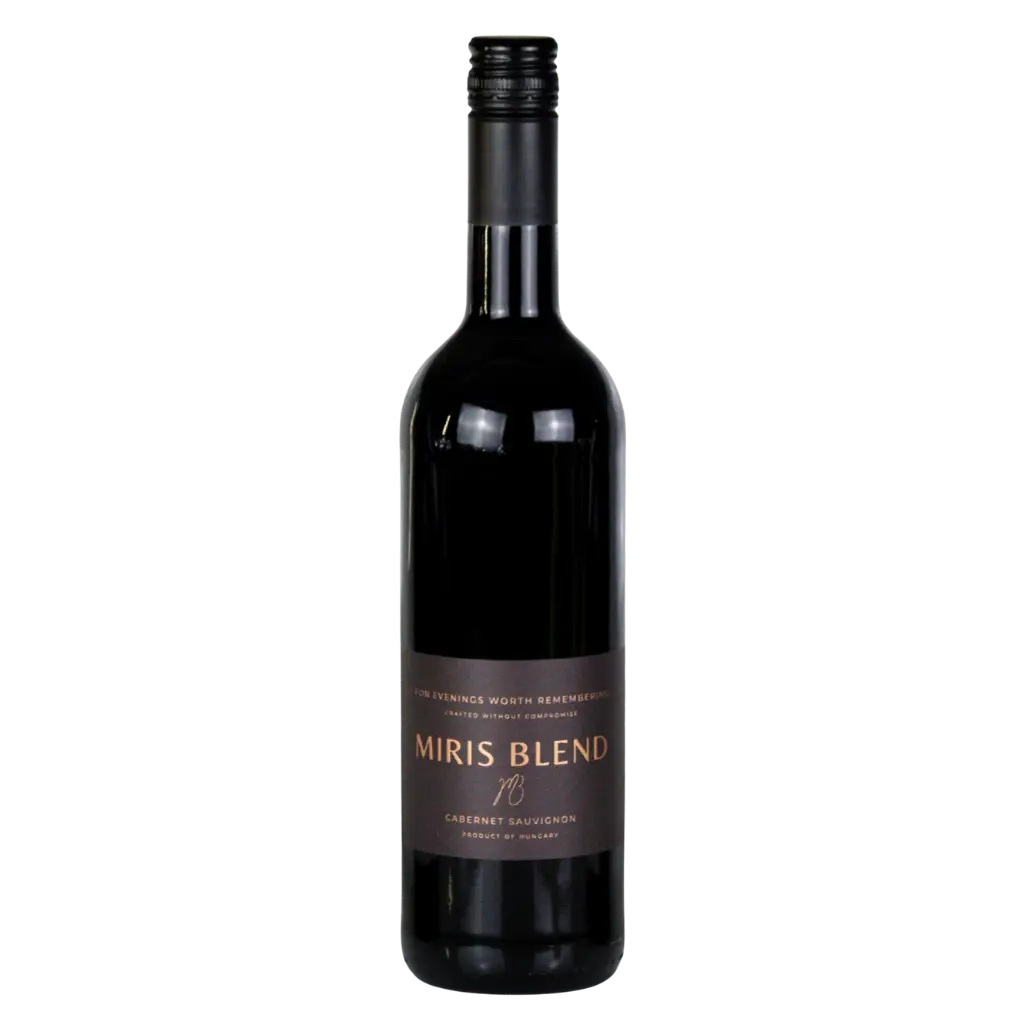 A bottle of Miris Blend 19 Cabernet Sauvignon red wine, featuring a dark glass bottle with a black screw cap and a dark brown label with gold lettering, set against a plain white background.