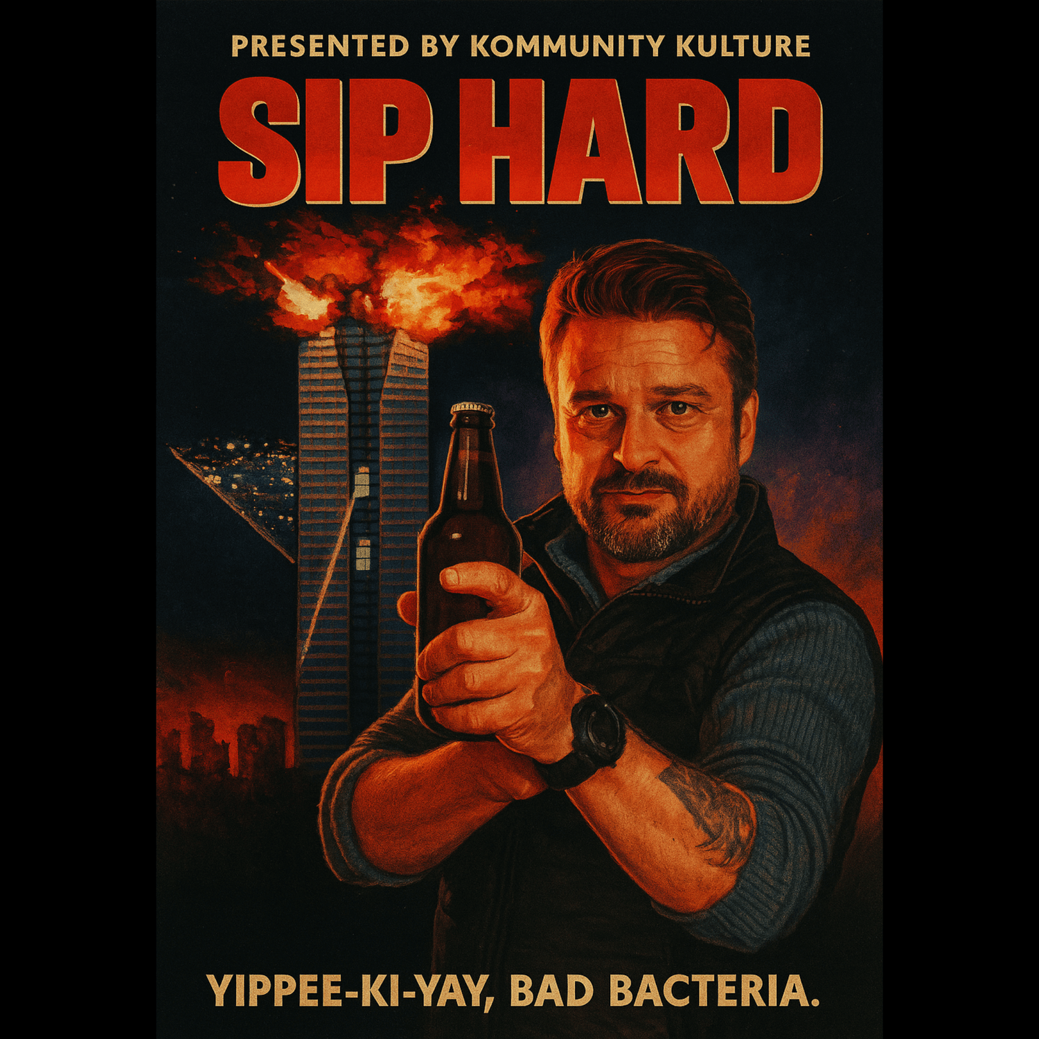 Man holding a beer with fiery skyscrapers in the background, text 'Sip Hard' and 'Yippee-Ki-Yay, Bad Bacteria'.