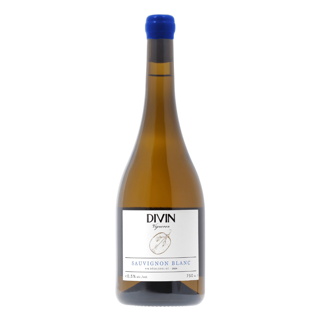 Wine bottle labeled 'DIVIN' with a blue cap on a white background