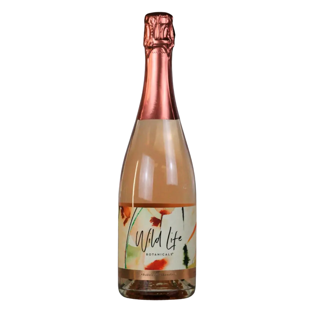 A bottle of Wild Life Botanicals sparkling wine with a copper-colored foil top and a colorful botanical label, set against a plain white background.
