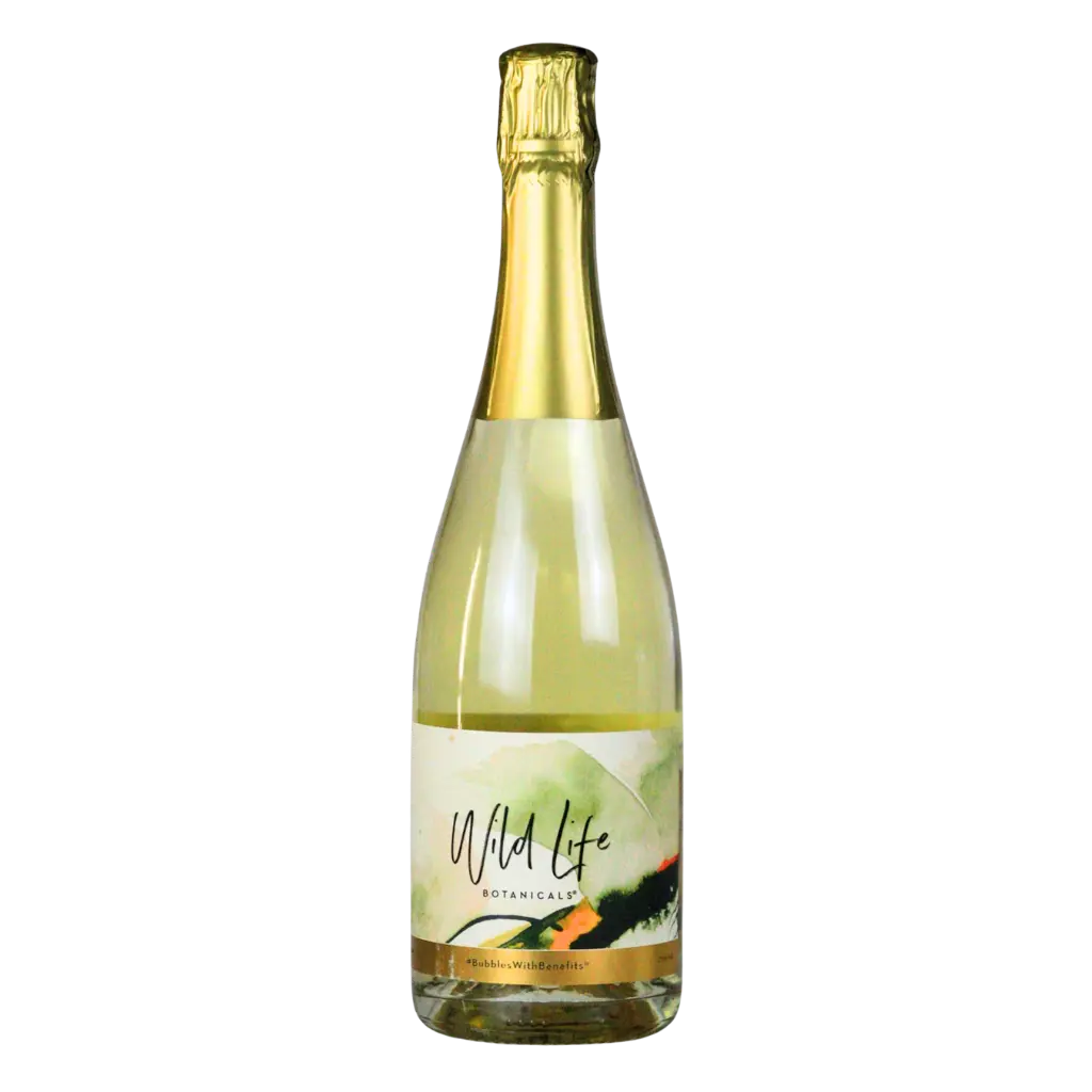 A bottle of Wild Life Botanicals Non-Alcoholic Sparkling Water with lemon verbena, featuring a gold foil neck and a white label with green and orange botanical illustrations, set against a plain white background.