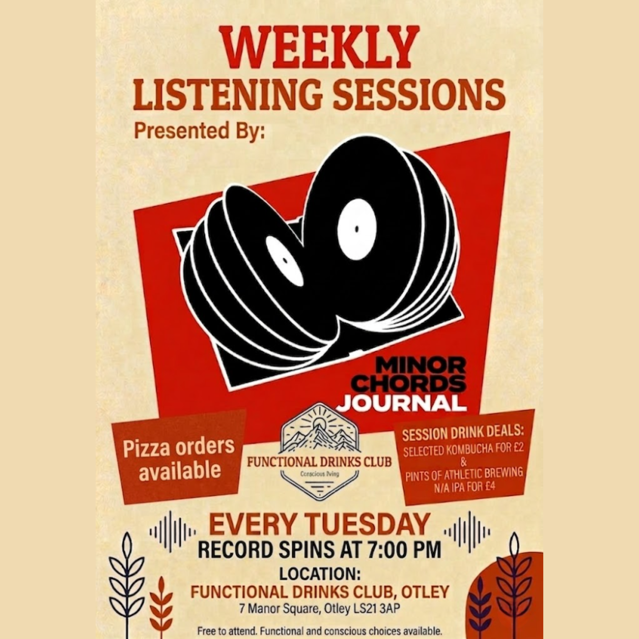 Promotion for the Weekly Vinyl Listening Sessions hosted by the MinorChordsJournal at Functional Drinks Club every Tuesday night at 7pm.