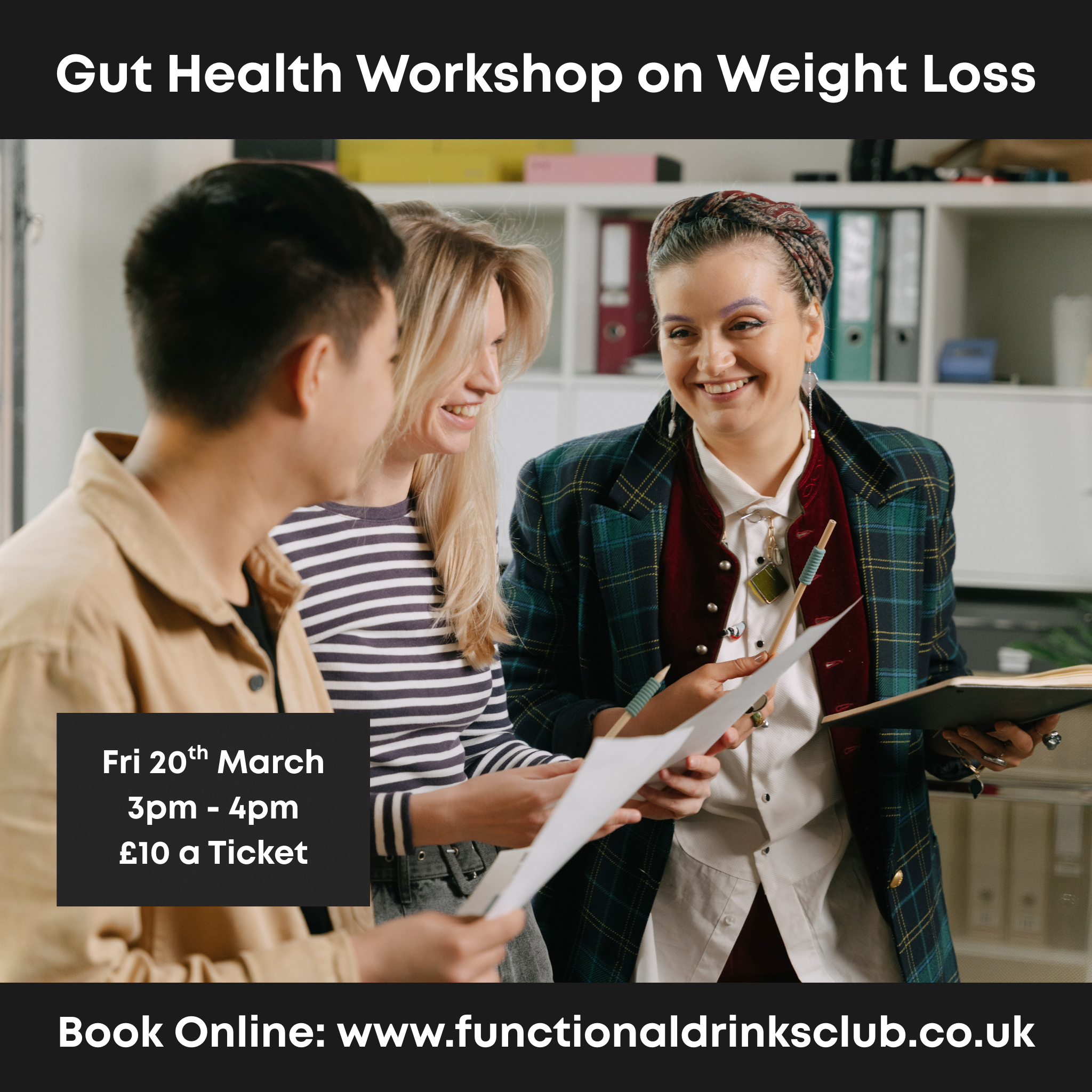 Group of people smiling to promote a gut health workshop on weight loss.