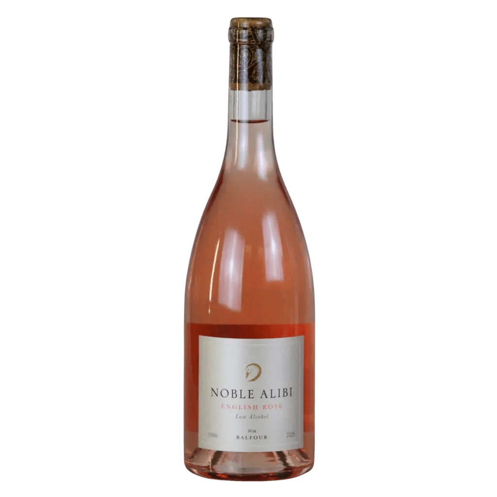 A bottle of Noble Alibi English Rosé wine with a pale pink liquid, a white label with gold and red text, and a dark foil neck seal, isolated on a white background.