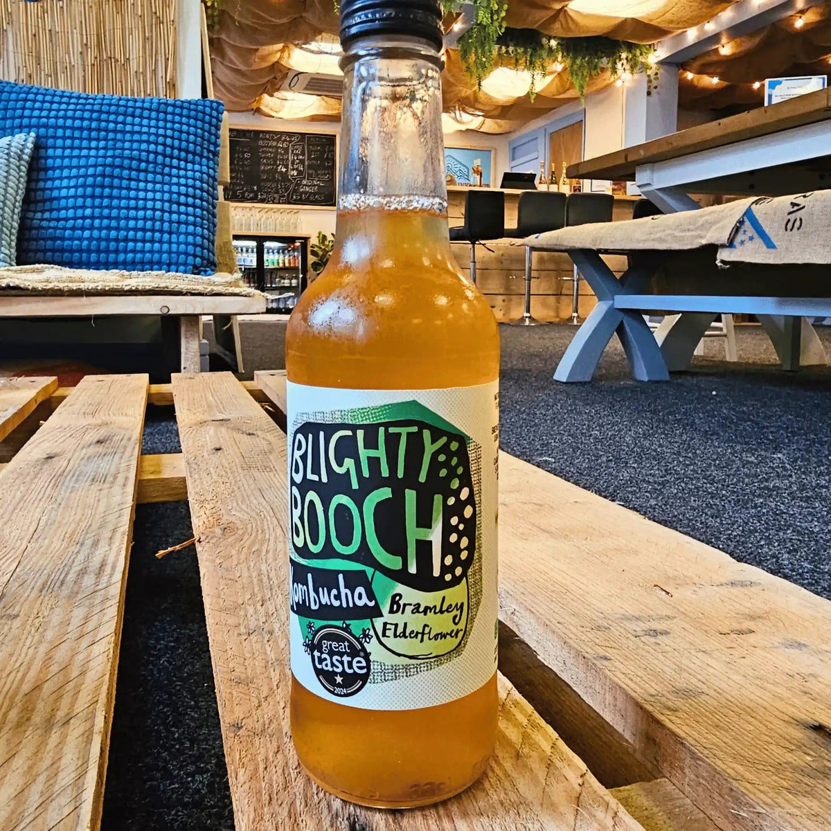 A bottle of Blighty Booch Kombucha Bramley and Elderflower at the kombucha taproom Functional Drinks Club in Otley.