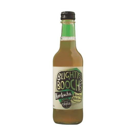 Blighty Booch Bramley Apple & Elderflower raw kombucha in a clear 330ml glass bottle with a black cap and a white label with a green hand-lettered badge.