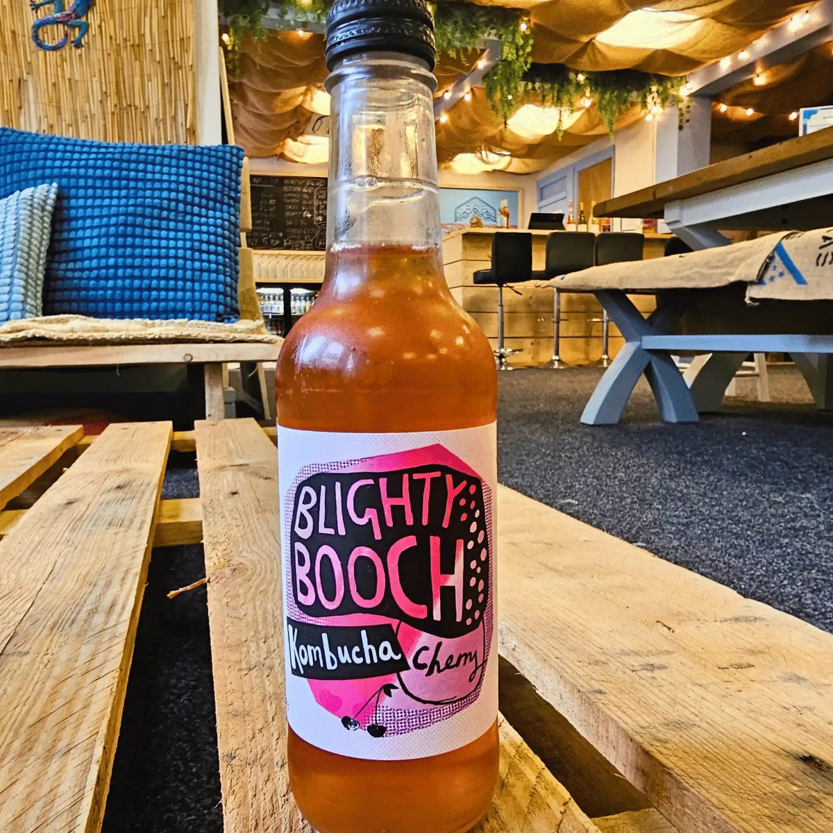 Bottle of Bighty Booch Cherry Kombucha at Functional Drinks Club in Otley.