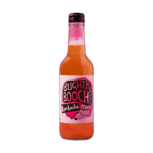 Blighty Booch Cherry raw kombucha in a clear 330ml glass bottle with a black cap and a white label with a pink hand-lettered badge.