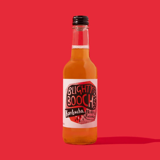 A bottle of Blighty Booch Kombucha with Lemonade against a solid red background. The bottle is filled with an orange-amber liquid and features a white label with red and black text.