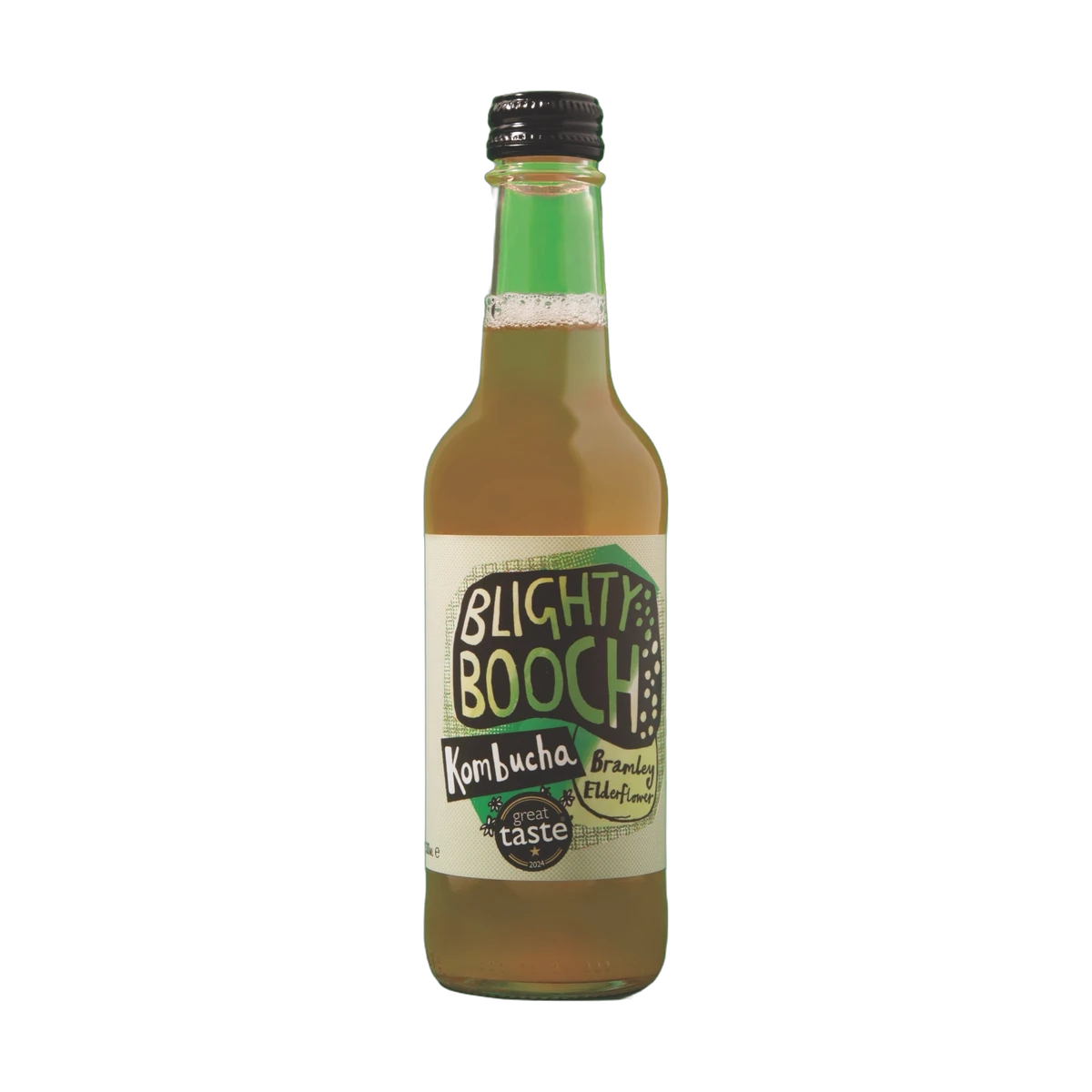 Blighty Booch Bramley Apple & Elderflower raw kombucha in a clear 330ml glass bottle with a black cap and a white label with a green hand-lettered badge.
