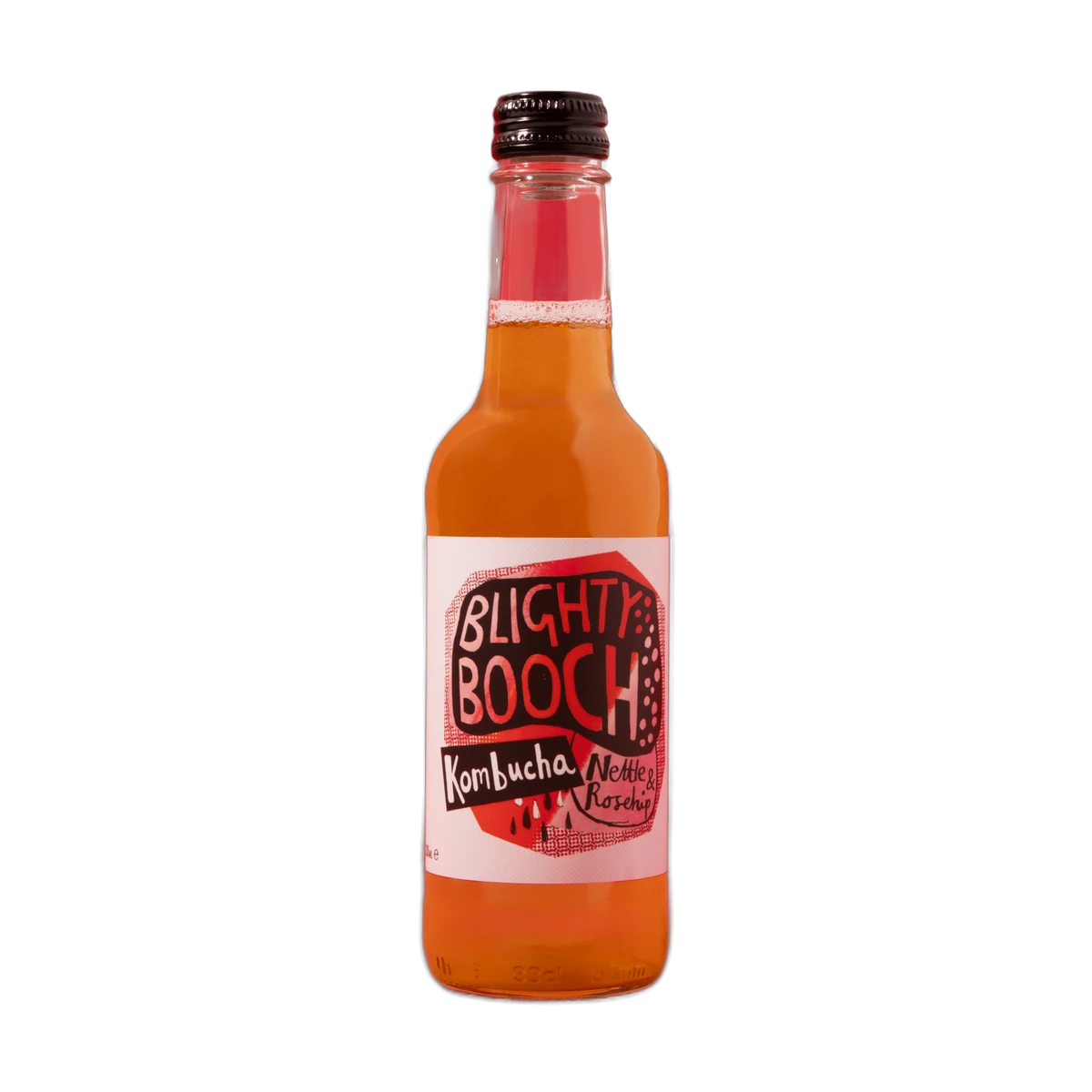 Blighty Booch Nettle & Rosehip raw kombucha in a clear 330ml glass bottle with a black cap and a white label with a red hand-lettered badge.