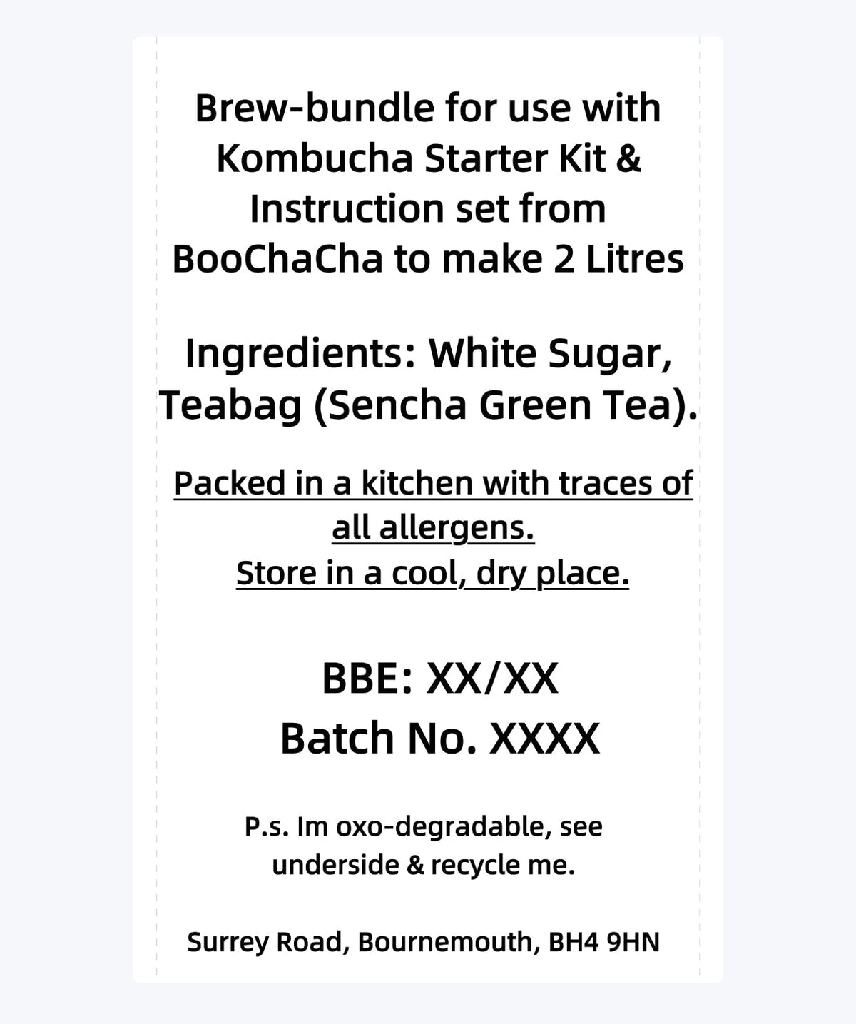 Brew-bundle label for Kombucha Starter Kit from BooChaCha with text and contact information.
